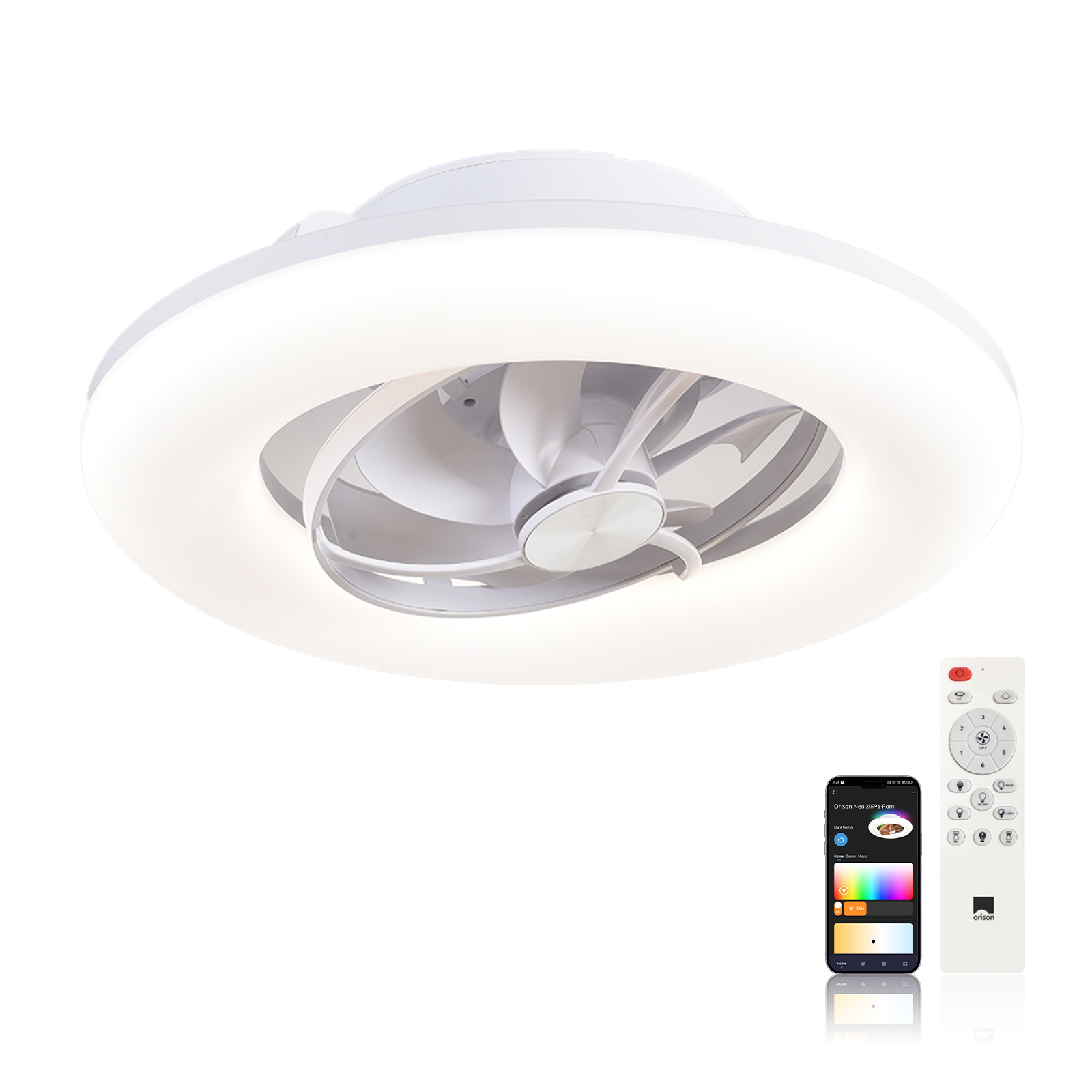 Smart Home Ventilation System - オリソン 22インチ 360 ° ライト付き振動式シーリングファン、回転式薄型フラッシュマウントシーリングファン、スマートRGBシーリングファン、Alexa&Google対応、調光可能なLED、APP/リモコン、寝室用モダンシーリングファン