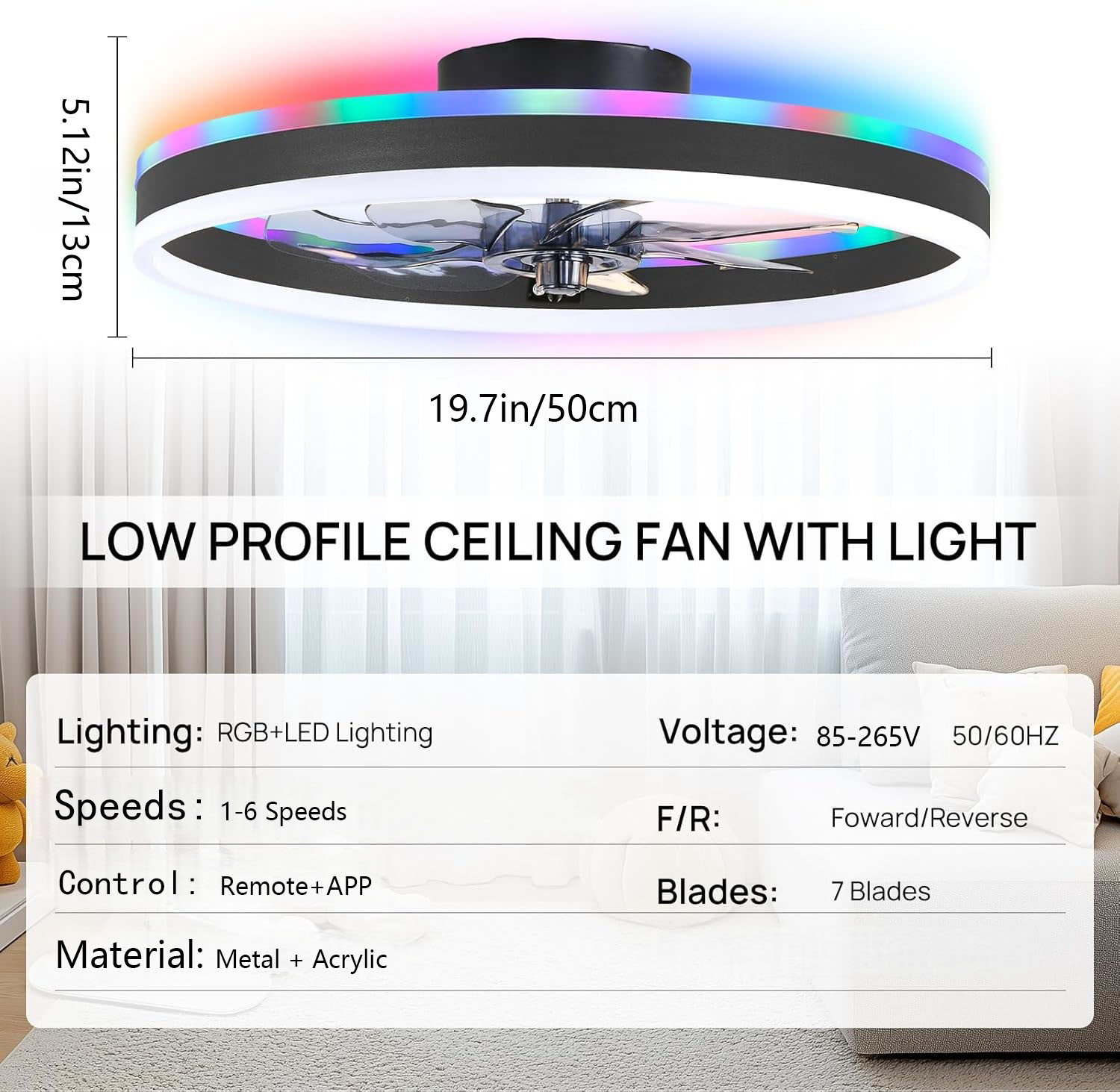 Smart Home Ventilation System - RGBスマートシーリングファンライト 6段階風量調節 + 星空効果、モダンで控えめなLEDシーリングファンライト