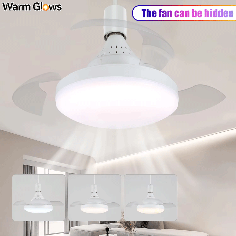 Smart Home Ventilation System - 照明とリモコン付きシーリングファン、隠し格納式ブレード、静かなファンライト、3段階の速度調整と調光機能、ホワイト