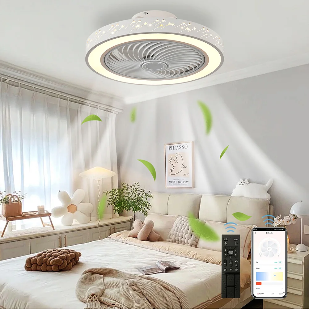 Smart Home Ventilation System - ライト付きリモコンシーリングファン、格納式サイレント流星ファン、寝室の装飾、サイレントベンチレーター、スマートアプリ、46cm